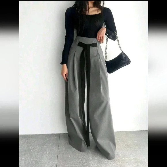 Fashion Design Wide Leg Pants Solid Color Commute Slimming Long Trousers - Picture 1 of 4